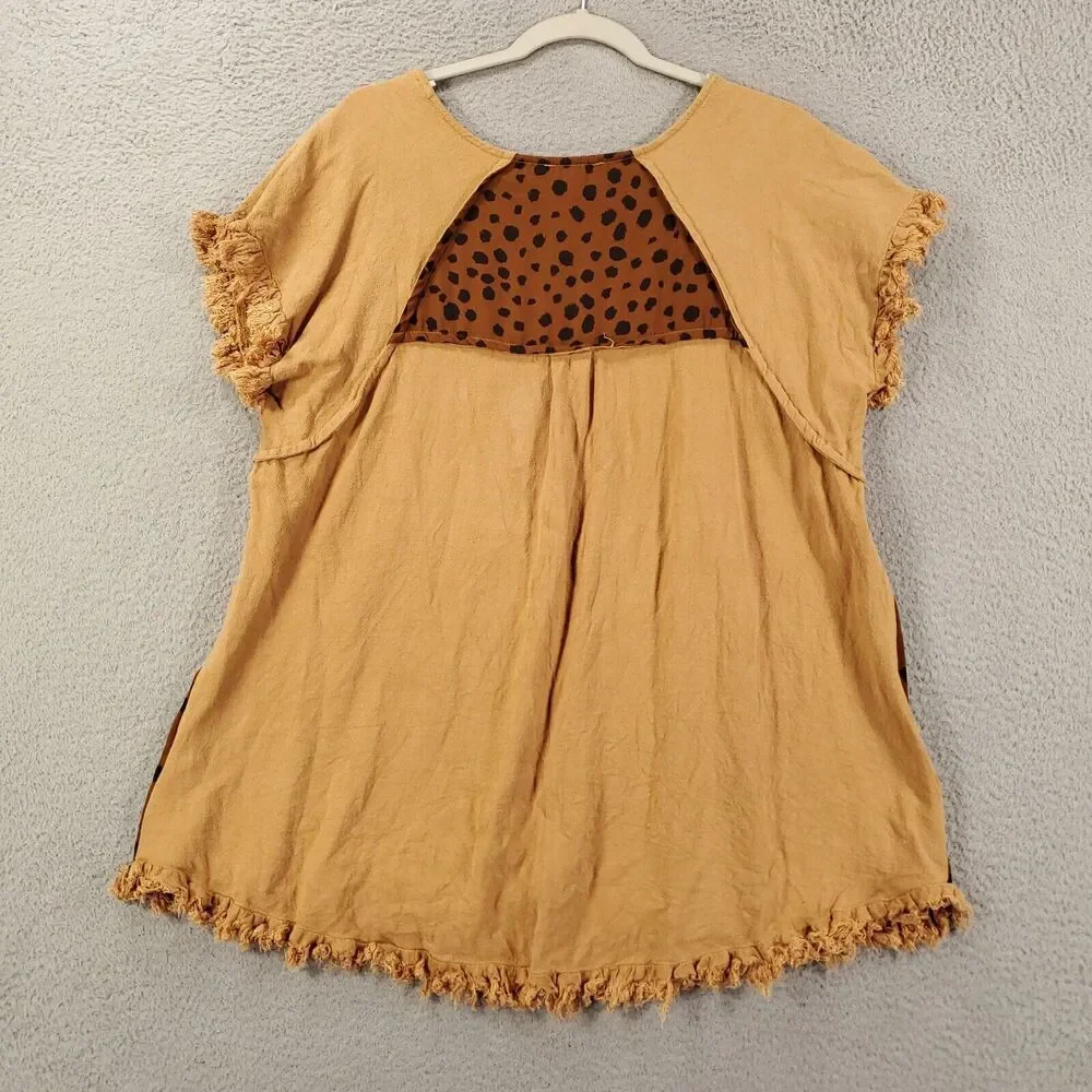 Umgee Blouse Womens Large Brown Linen Blend Raw Hem Cheetah Leopard Animal Print - Picture 7 of 10
